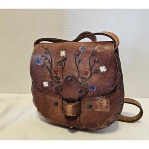 Vintage 1970s Handmade Hand-Tooled Leather Hippie Saddle Bag Hand-Painted Floral